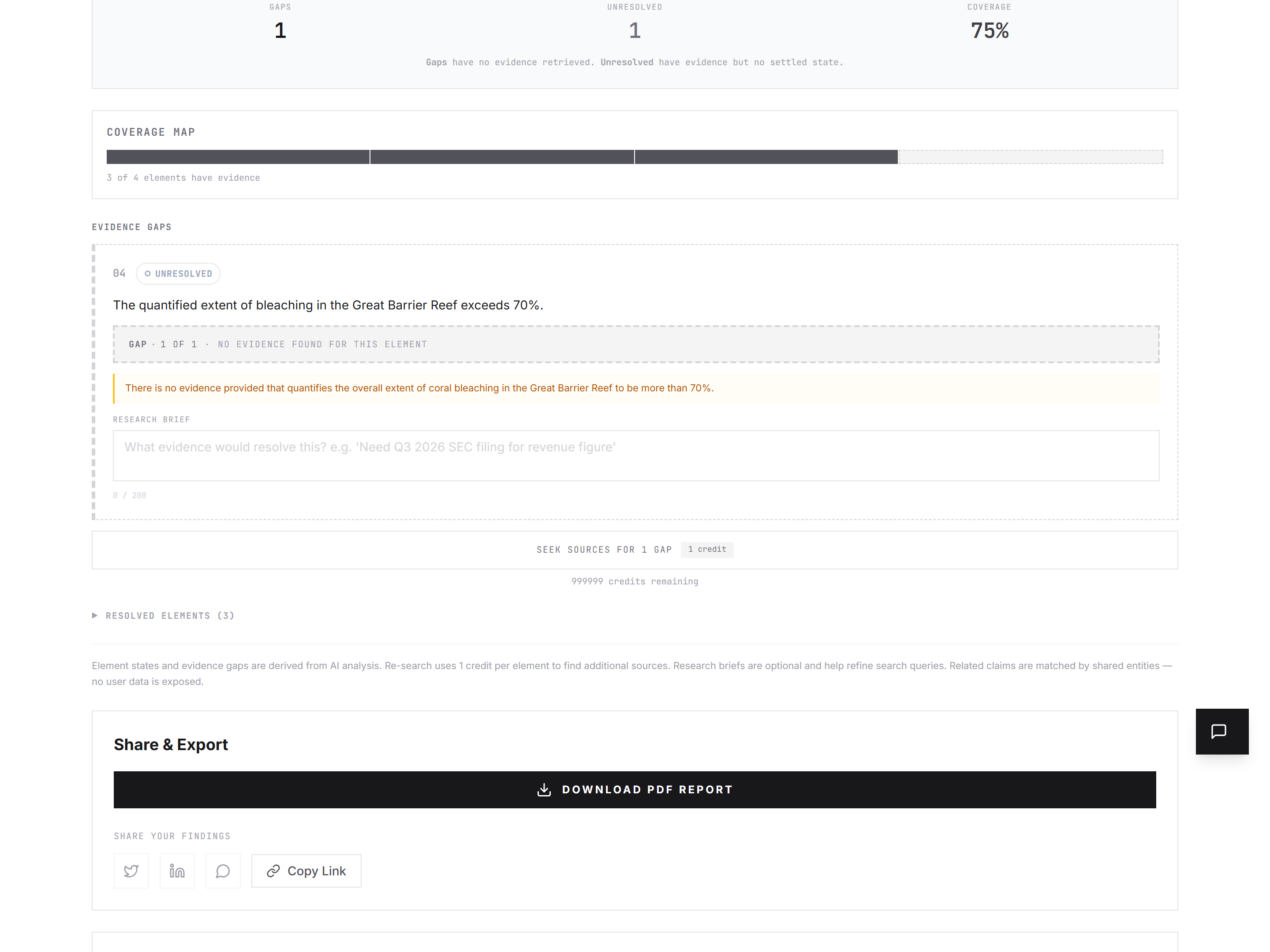 The Seeker view — a ledger of unresolved elements with their uncertainty notes, bounty text, and a "Re-search" action button per gap.